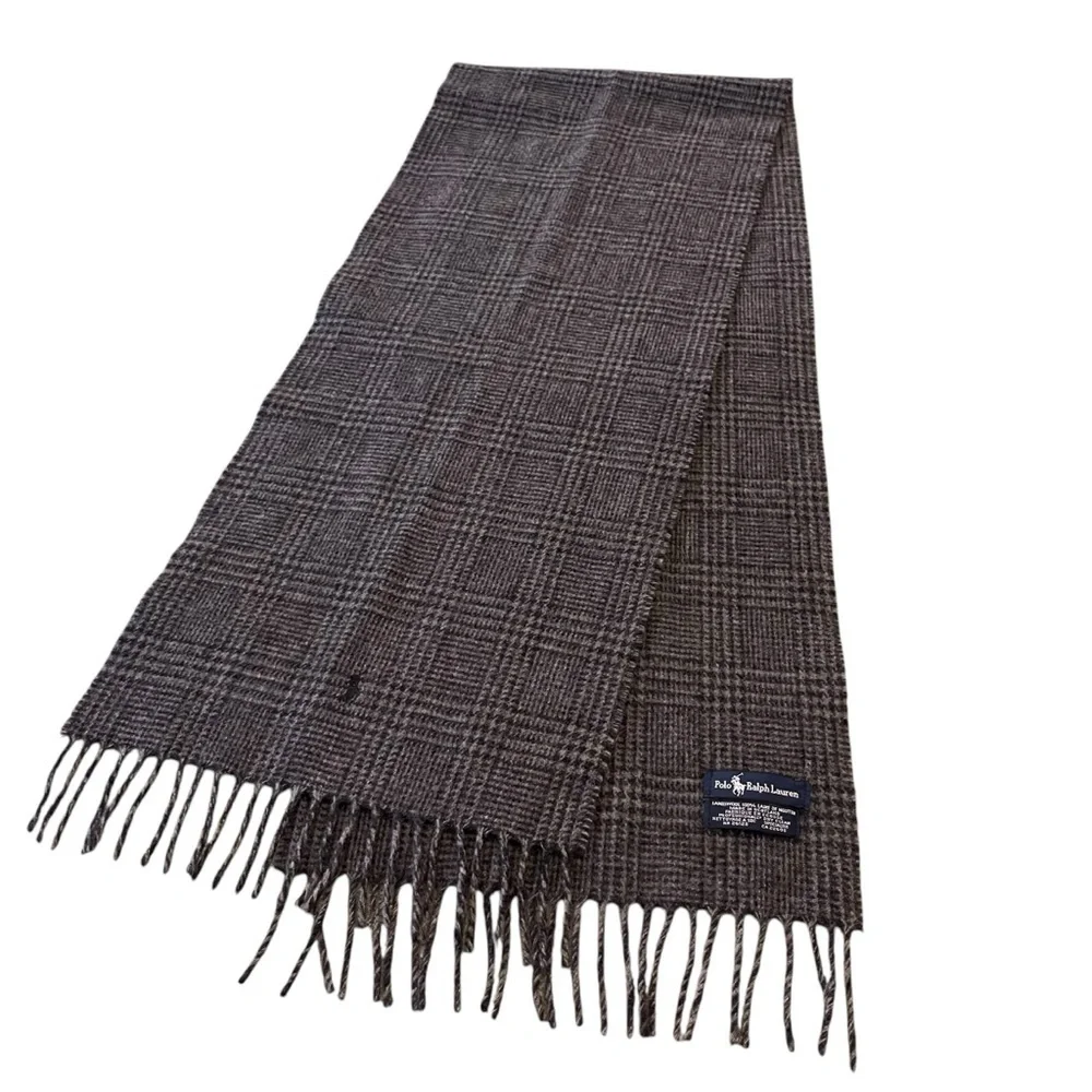 Polo Ralph Lauren Vintage Lambswool Fringed Scarf Glen Plaid Gray 12